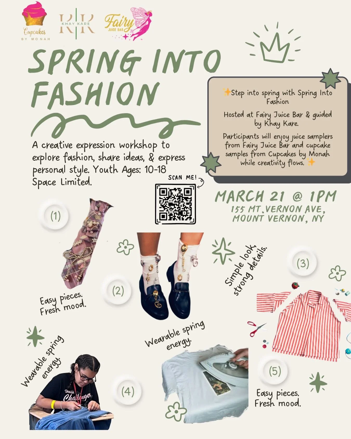 Spring Into Fashion 🌸

Step into the first day of spring with creativity, style, and self-expression. Spring Into Fashion is a creative expression workshop designed for youth ages 10&ndash;18 who want to explore fashion, share ideas, and express the