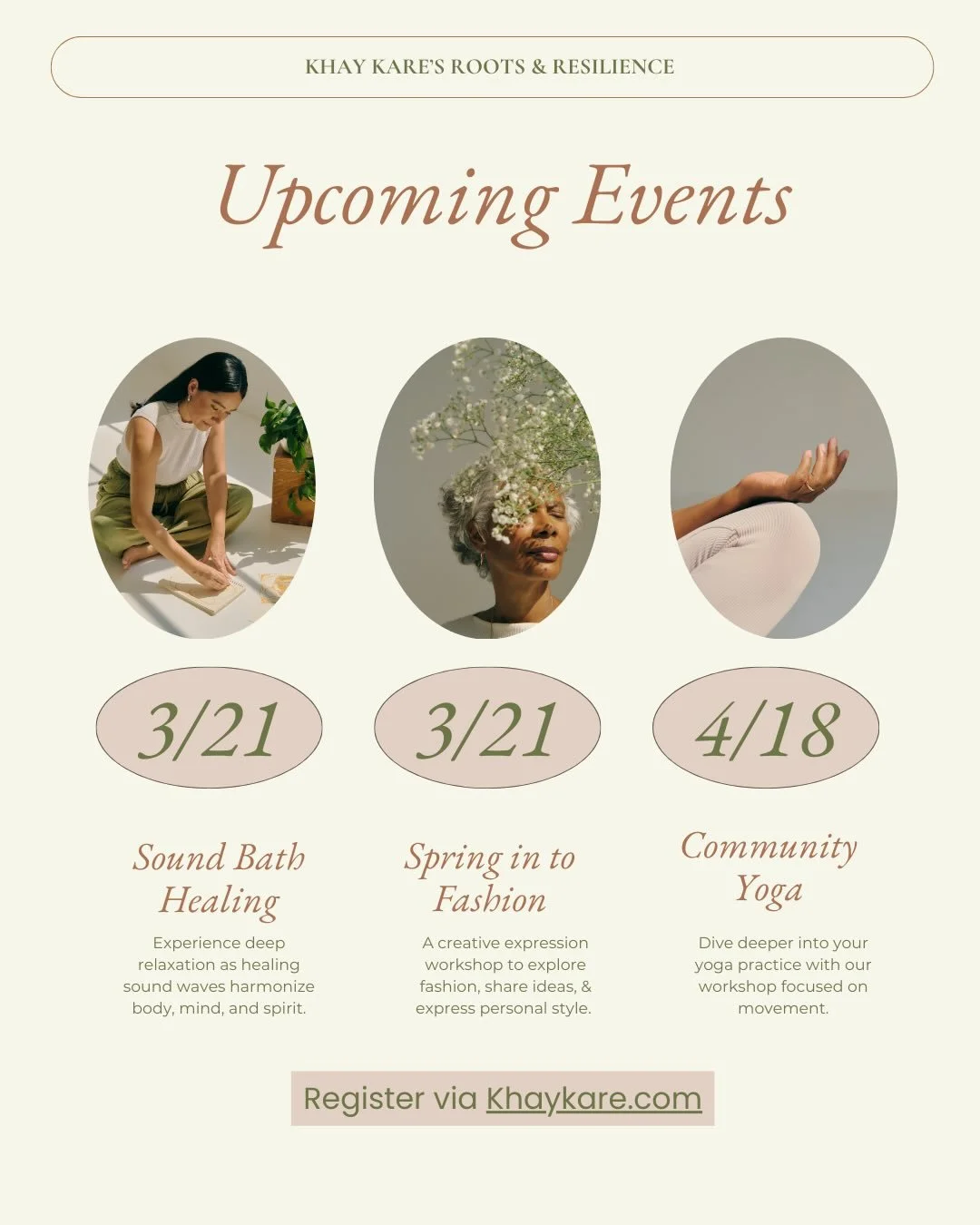 ✨ Upcoming Khay Kare Experiences ✨

Wellness. Community. Connection.

At Khay Kare, we create intentional spaces where people can reconnect with themselves, their creativity, and each other through wellness experiences, dialogue, and cultural express