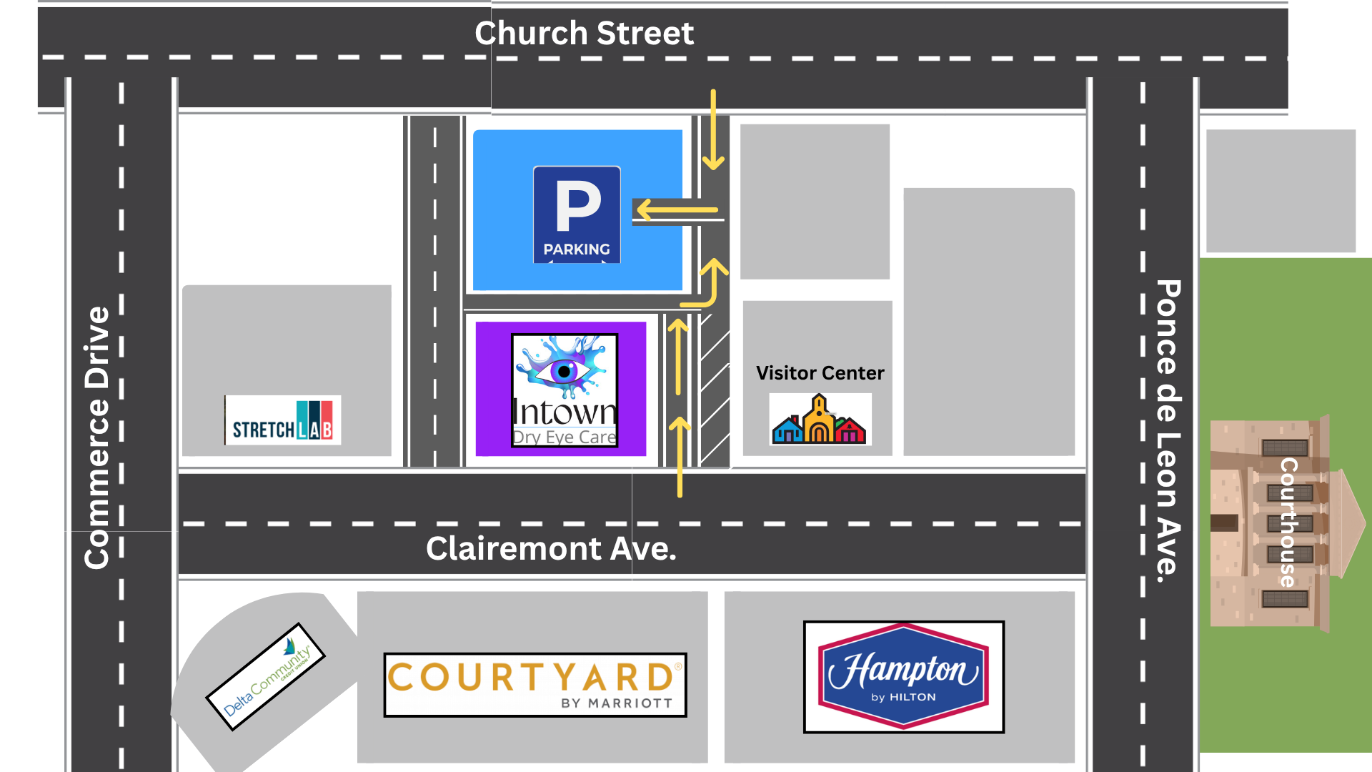 Map showing directions to Intown Dry Eye Care in downtown Decatur, GA, including nearby streets, parking areas, and surrounding landmarks for Atlanta-area patients visiting the clinic.