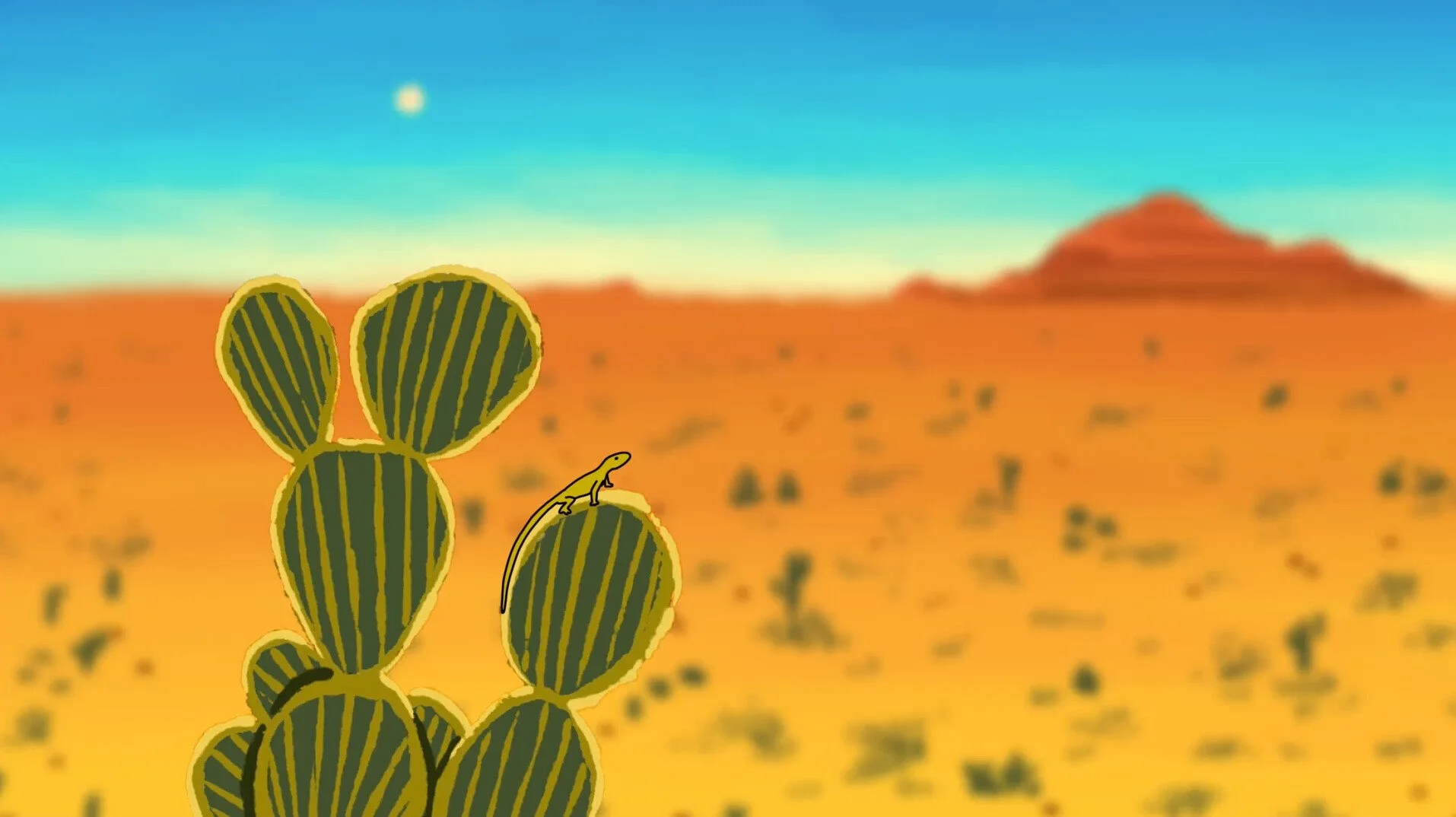 Illustration of a desert landscape with a cactus and a small dinosaur on one of the cactus pads. The background features a mountain and a colorful sky with a bright star or sun.