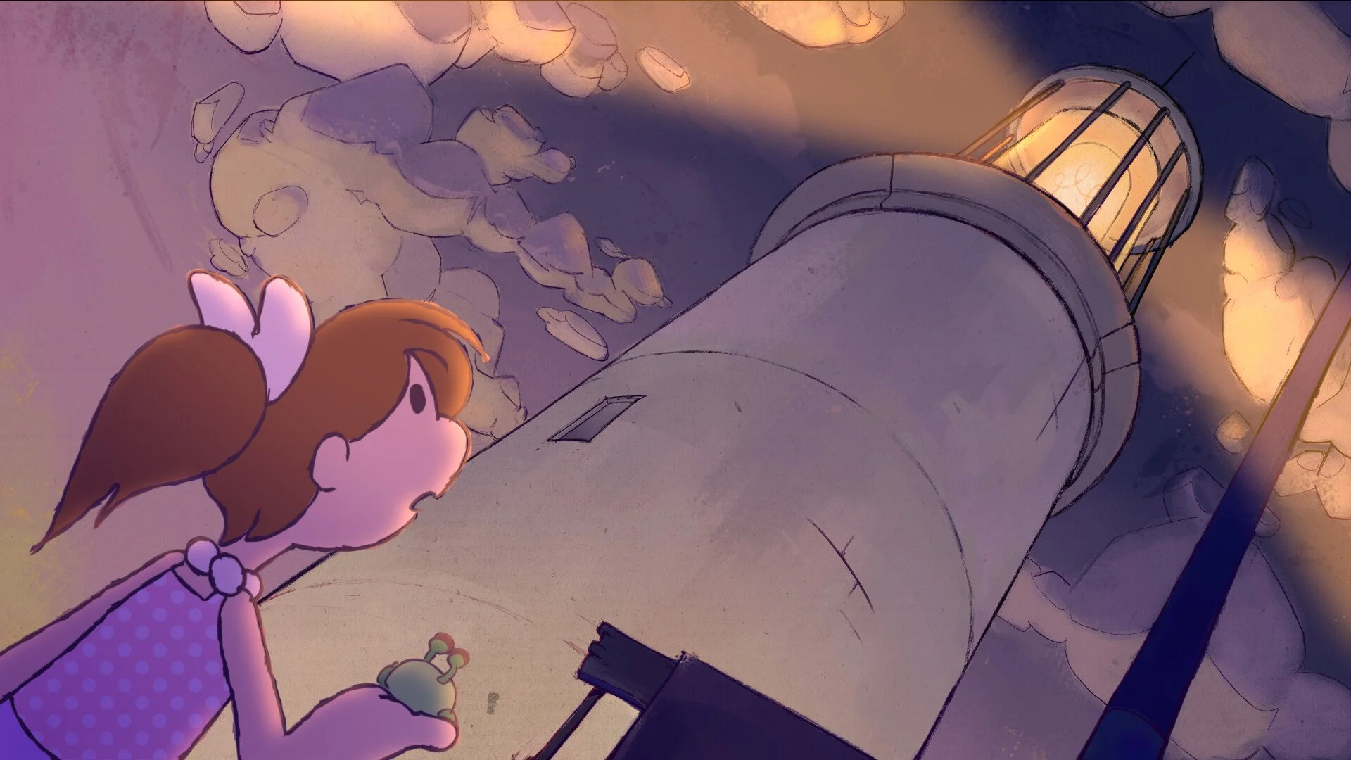 A cartoon girl with brown hair, wearing a pink polka-dot dress and a pink bow, holding a small toy, looks up at a rocket launching into the sky among clouds.