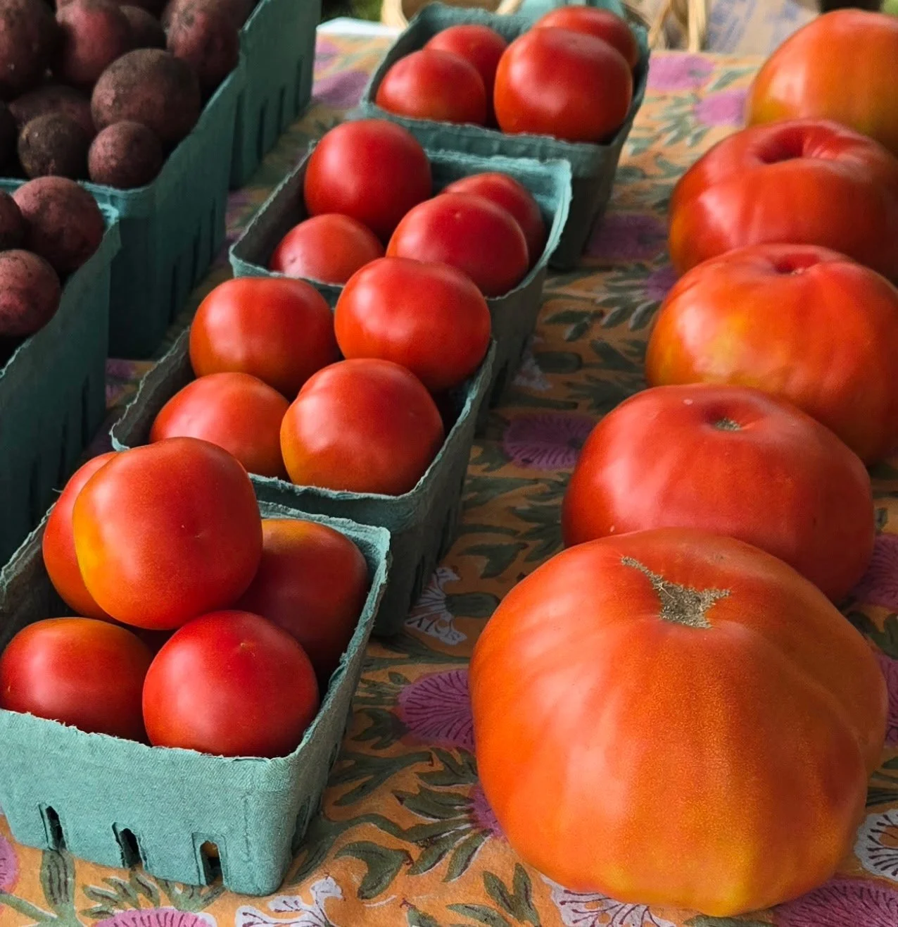 Fresh tomatoes and other produce arranged on a floral tablecloth at a market or farm stand.