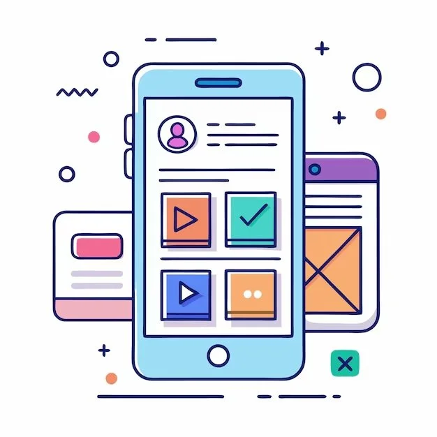 Illustration of a smartphone displaying various app icons and interfaces, with colorful abstract background elements.