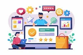 Illustration of people using a laptop with various icons related to communication, ratings, and productivity around them.