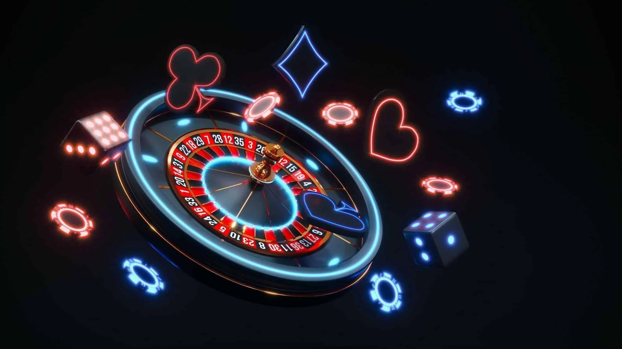 Neon-lit roulette table with dice, poker chips, and symbols representing card suits surrounding it.