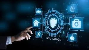 Hand pointing at a digital insurance security icon on a futuristic screen with various related icons like a house, car, and medical cross.