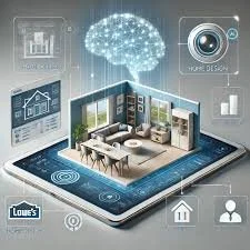 A smart home environment displayed on a tablet screen, with a model house, cloud, and icons representing technology and connectivity.