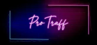 Neon sign reading 'Pro Traff' in pink and purple lights.