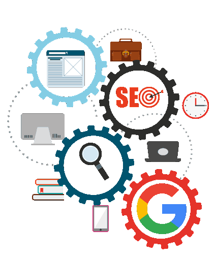 Digital marketing and SEO concepts represented by gears with icons of a webpage, clipboard, briefcase, clock, computer, magnifying glass, books, smartphone, and Google logo.