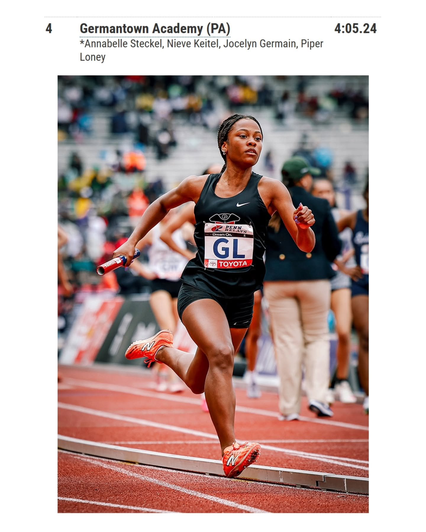 Girls @ga_tracknfield placing 4th in the @pennrelays Philly Academic HS Girls ' 4X400 yesterday. More pics of @germantownacademyathletics at the Penn Relays in GA Smugmug.

#PennRelays
#PennRelays2025
#InterAc
#4x100Relay
#PoleVault
#TrackAndField
#H