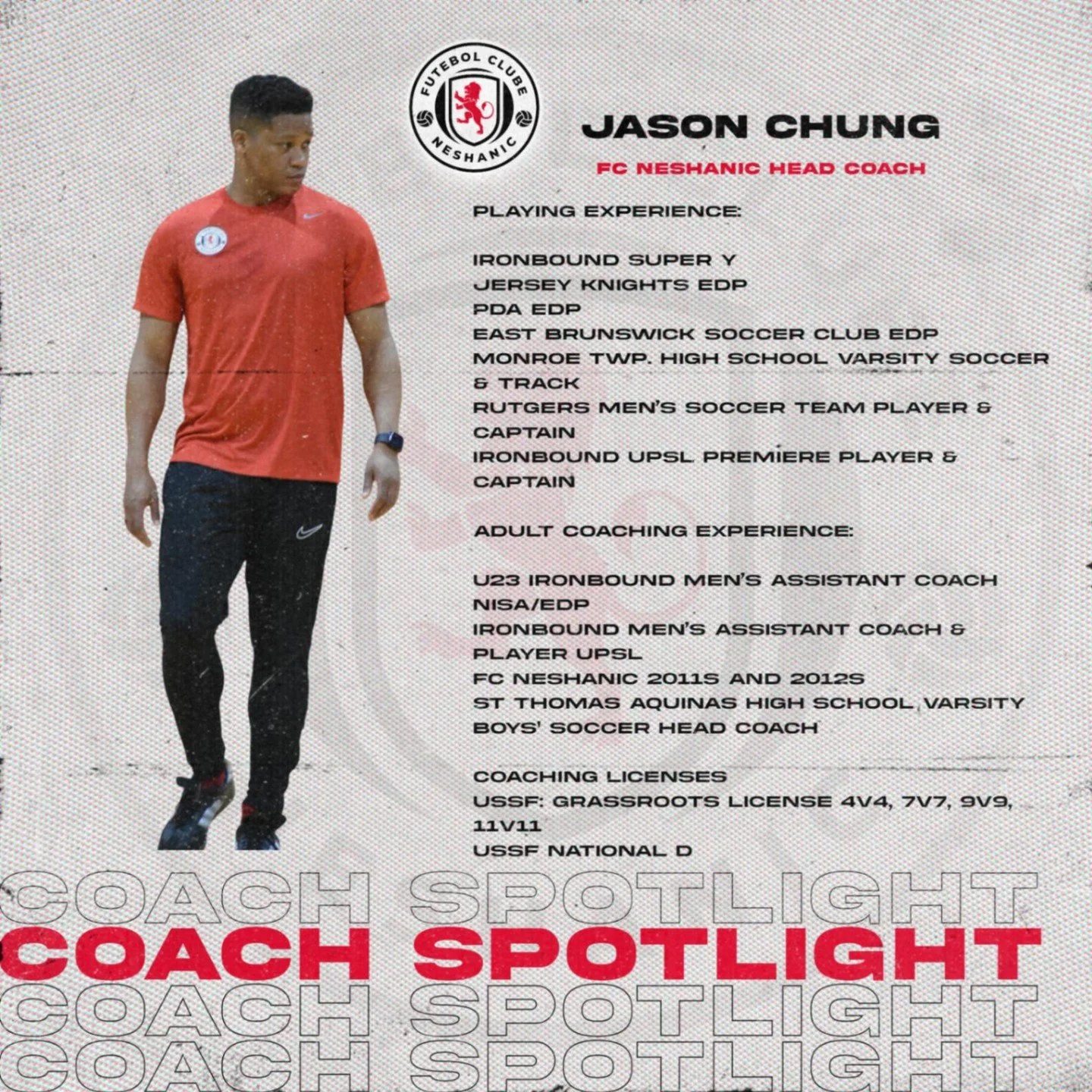 🔦 Coach Spotlight: Jason Chung 🔦

At FC Neshanic, we believe that mental toughness is just as important as skill on the field. 💪⚽ Our Head Coach, Jason, instills resilience, focus, and confidence in our players - helping them push past challenges,