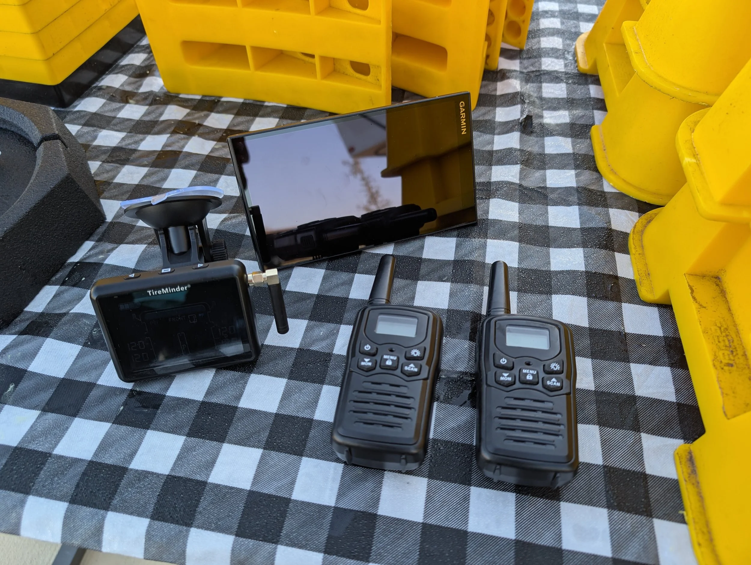 TPS screen (tire pieces in next pic), Garmin RV 795, and walkie talkies