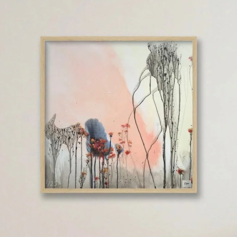 Abstract watercolor painting with drips in black, pink, and gray, featuring a soft pastel background and textured floral elements.
