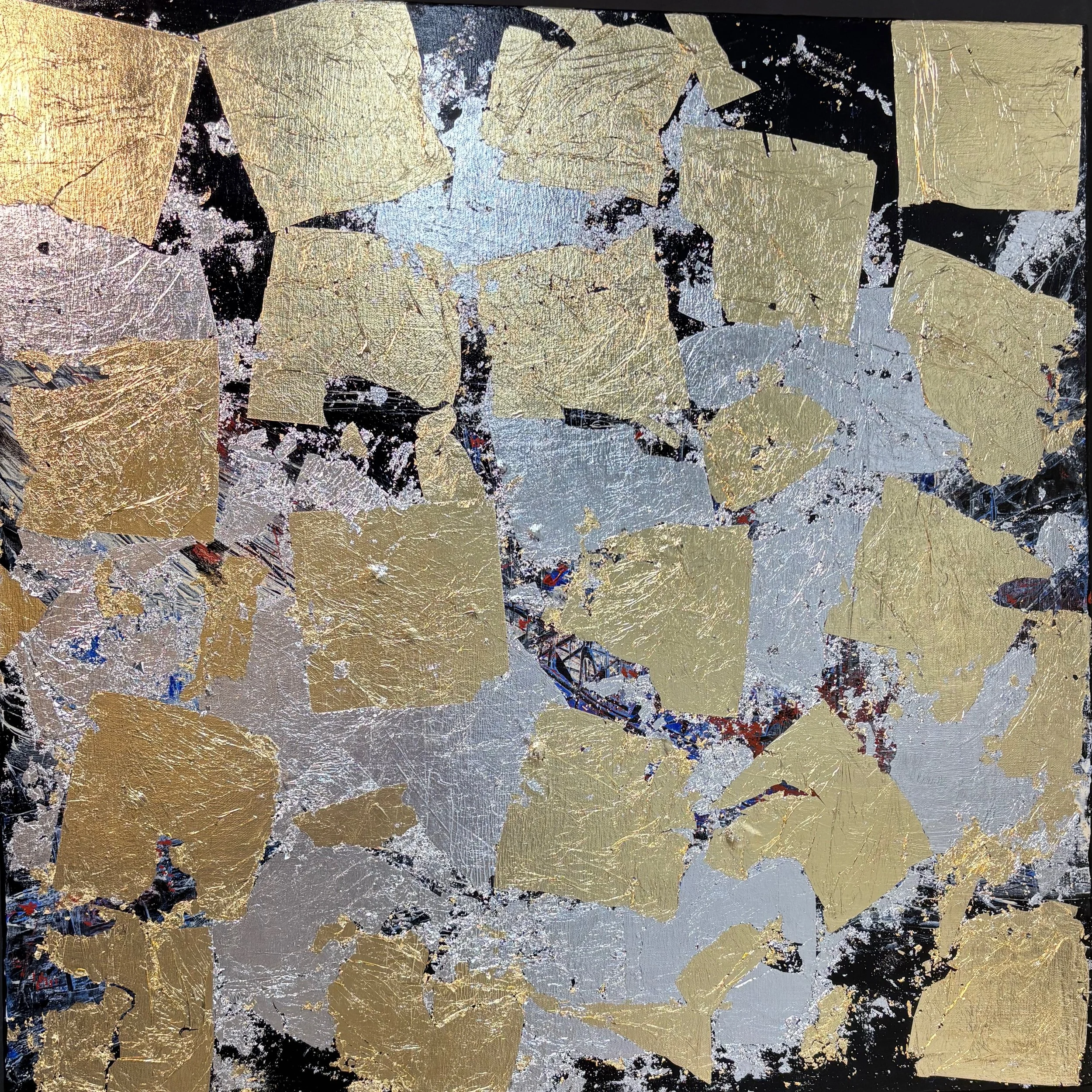 Abstract art with gold, silver, black, and some small hints of red and blue colors, featuring irregular patches and textured surface.