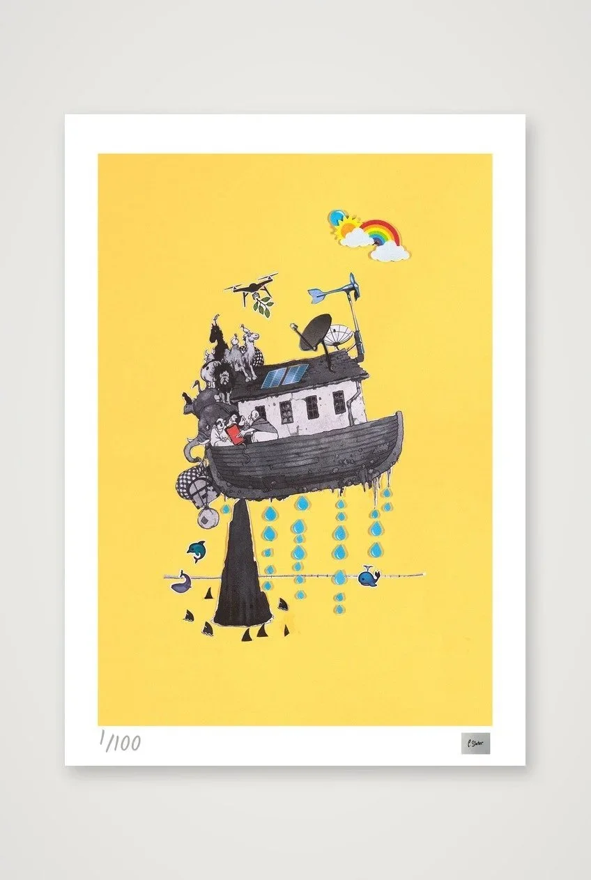 Noah's Ark updated. Noah, his family and the animals have survived the Flood, but in spite of installing modern technology, they have got stuck on a rock.  Set against a yellow background.