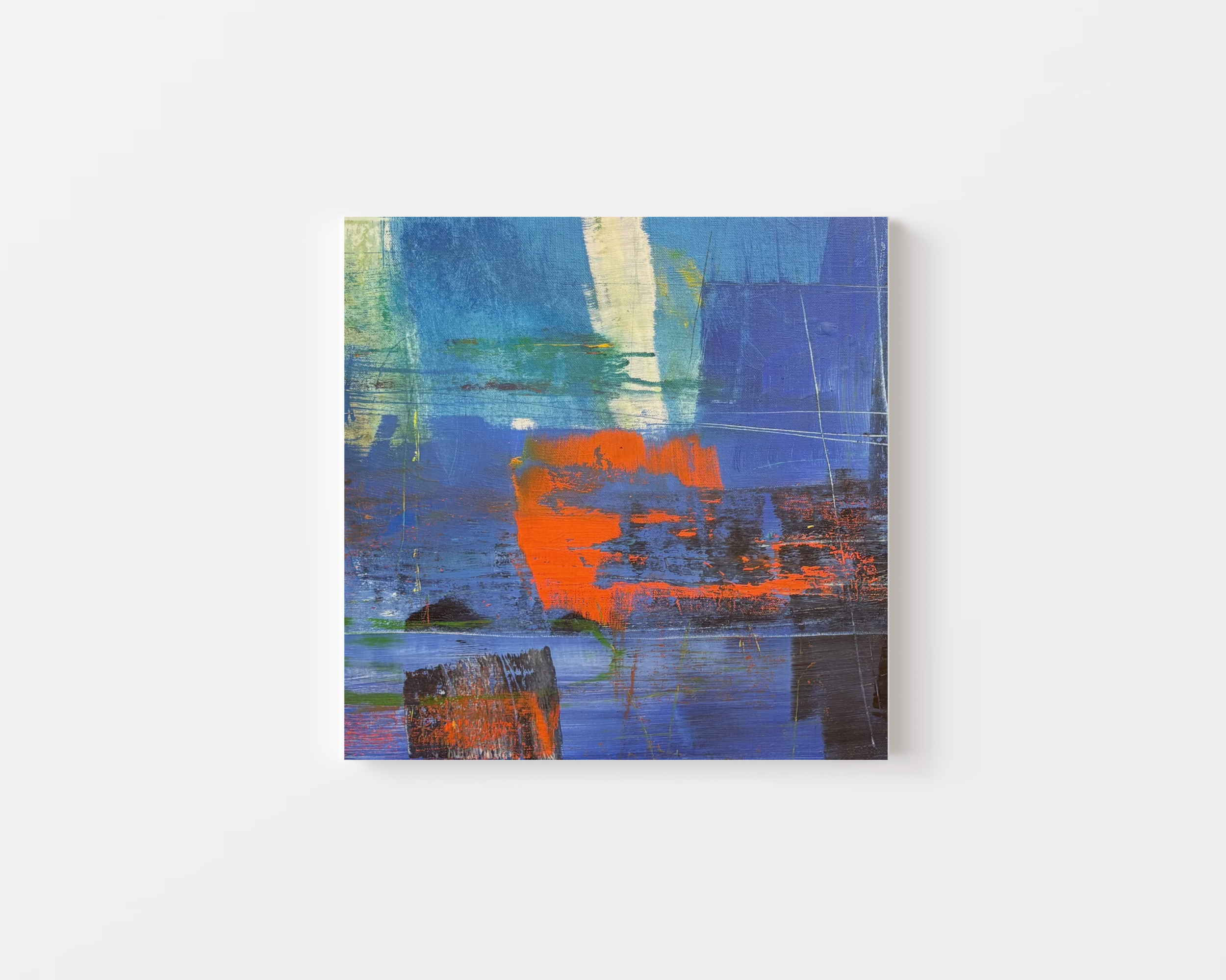 Abstract painting with blue, orange, green, and white brushstrokes and textures.