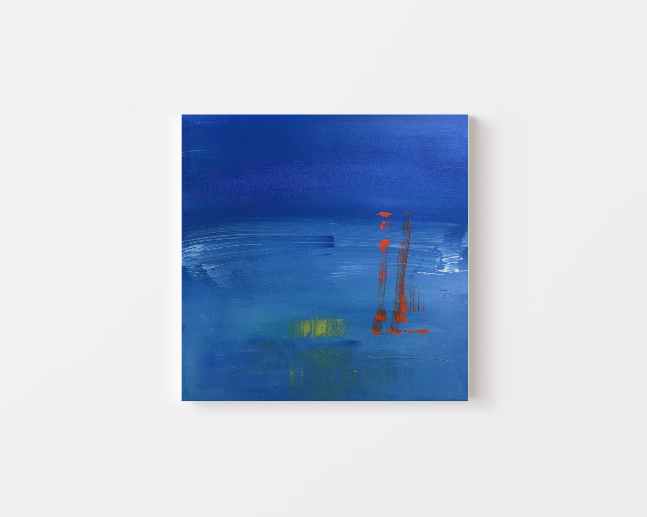 An abstract painting with a predominantly blue background, featuring orange and green streaks with some white brush strokes.