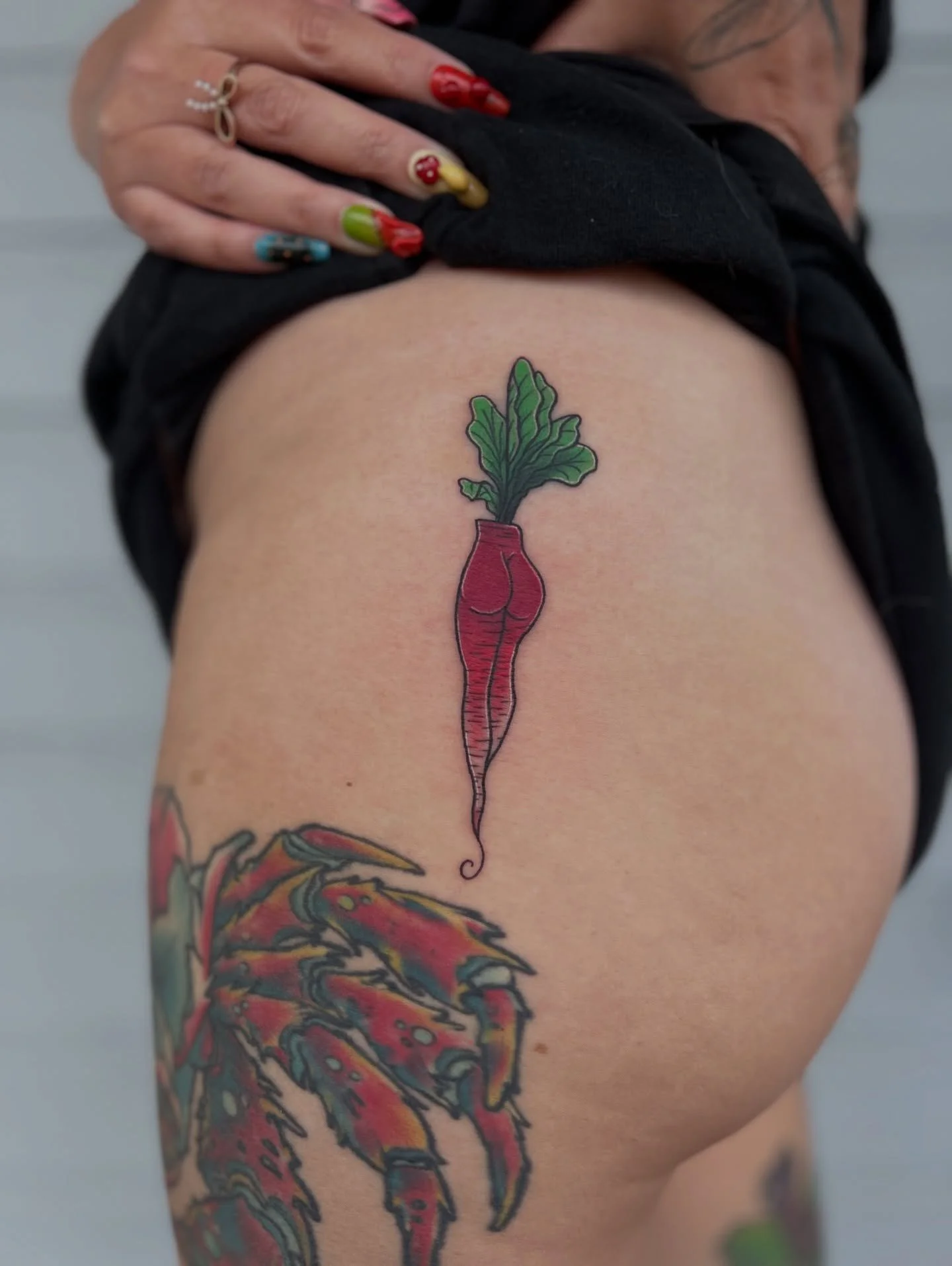 Check out this cute radish lady tattoo done by our artist @kayztats ✨ she&rsquo;s booking Dec - Feb currently, if you&rsquo;re interested in booking message her directly!! 

As always the oddities shop is open Mondays - Saturdays from 12-4pm, come on