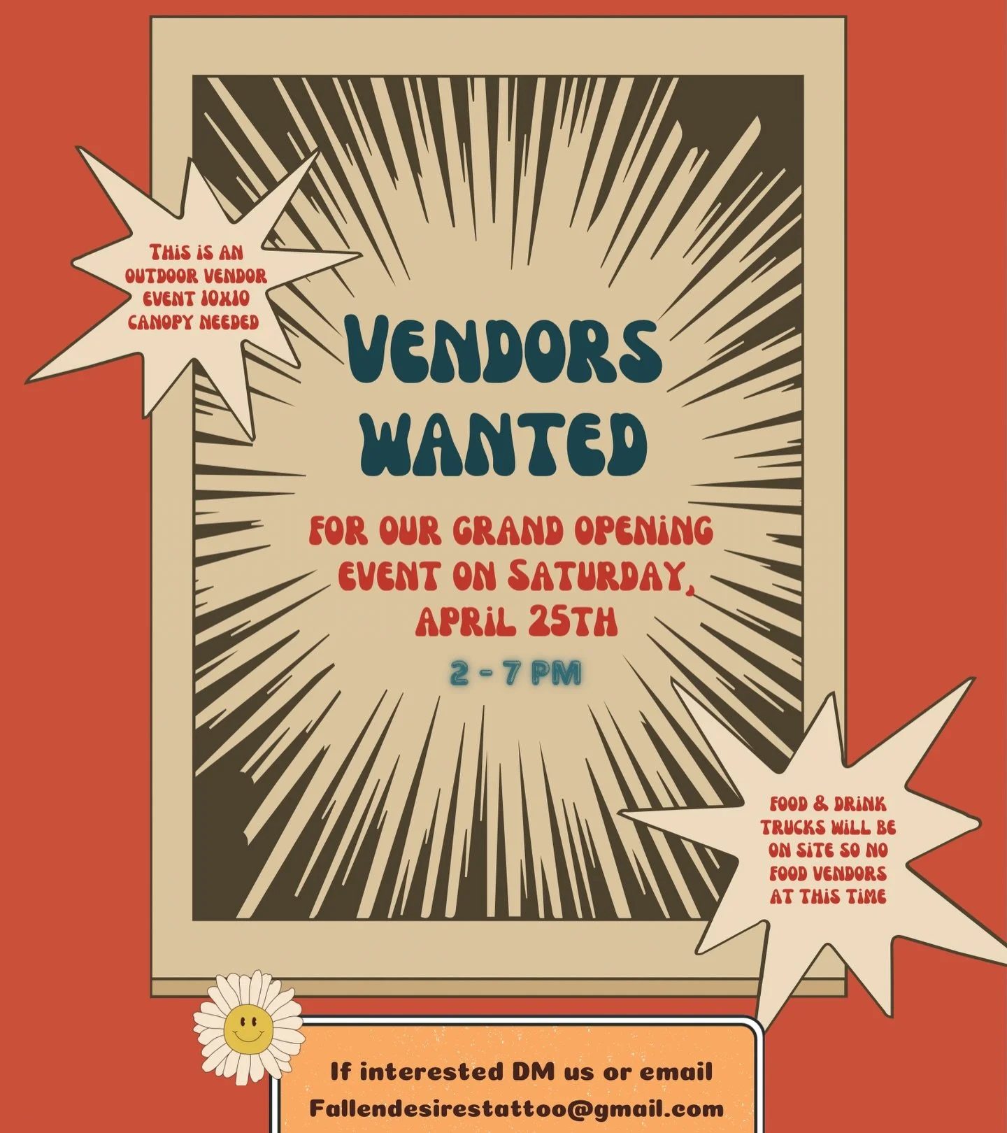 🌟🌟 VENDORS WANTED 🌟🌟

Get ready for the ultimate Grand Opening bash on Saturday, April 25th! 🚀 
We&rsquo;re setting up an awesome art market outside and want YOU to be part of it! 🎨 
To apply, just shoot us a DM or email with some photos of wha