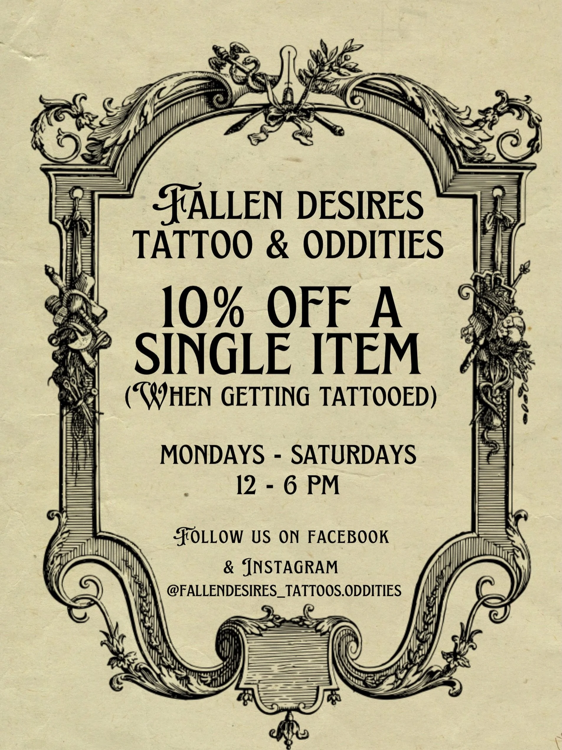 Hey folks! As a thank you for getting tattooed at Fallen, we want to extend 10% off a single item from the Oddities shop to you guys on the day you get tattooed!

As always we&rsquo;re open Mondays - Saturdays from 12 - 6pm, come on in and check out 