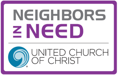 Sign that reads 'Neighbors in Need' with the United Church of Christ logo.