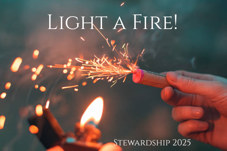 A hand holding a lit firework sparking in the air with text that reads 'Light a Fire!' and 'Stewardship 2025'.