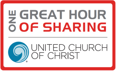 Red and white sign promoting one hour of sharing at United Church of Christ.