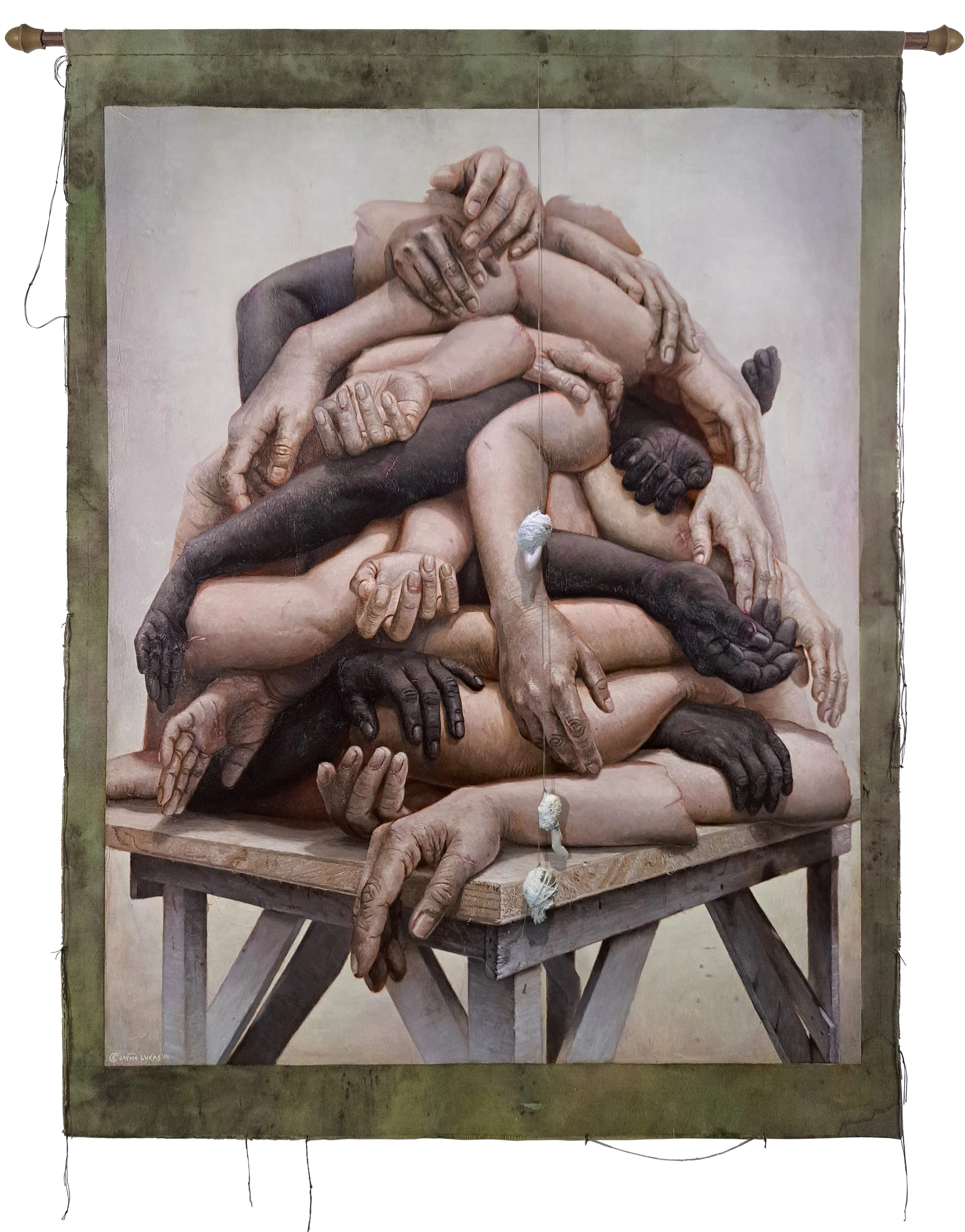 “Extra Limbs”
Epoxy clay, fabric, thread, acrylic and oil on canvas
139.7 x 106.68 cm
2024
