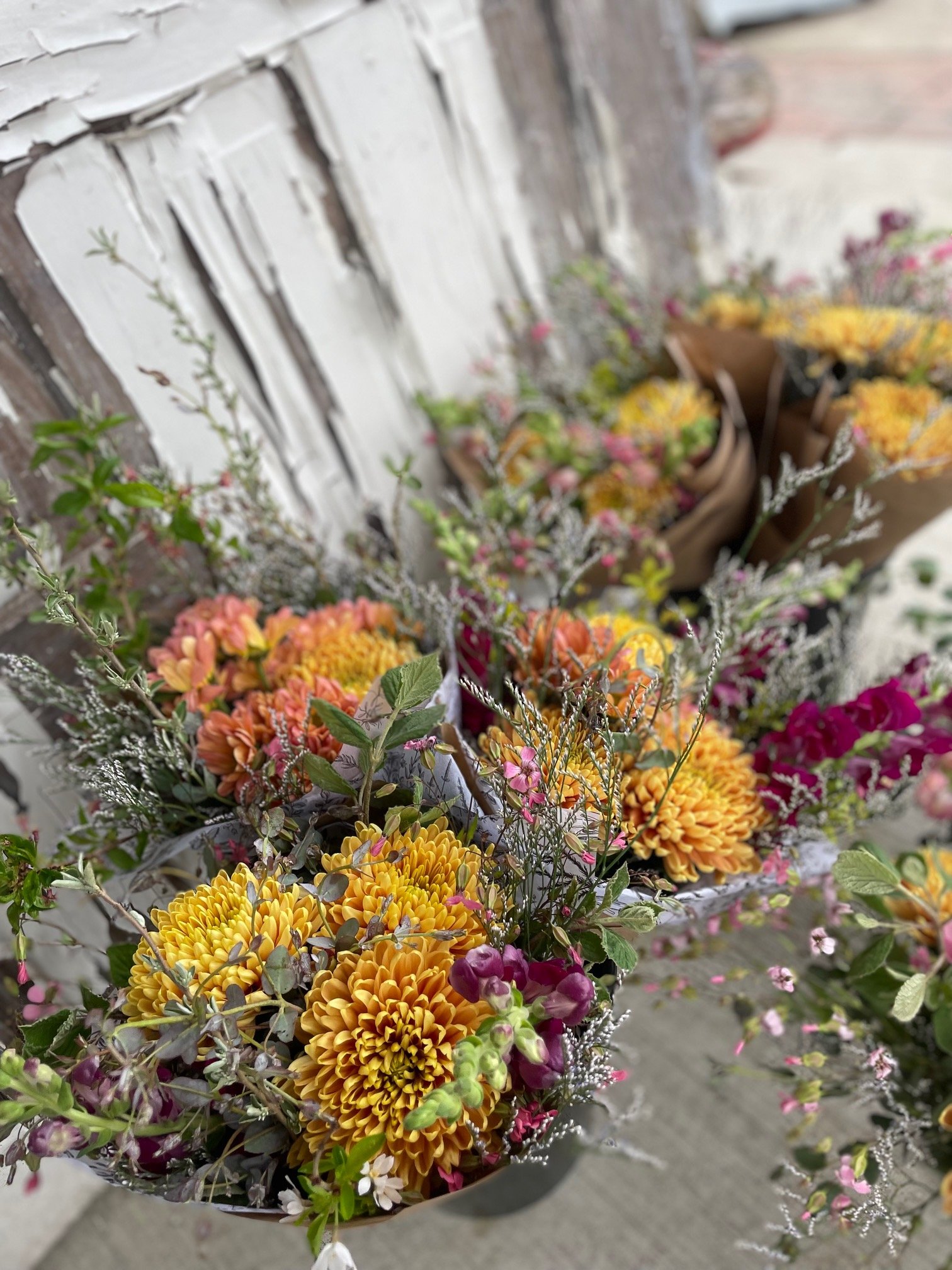 Close-up of colorful flower bouquets with yellow, orange, pink, and purple flowers against a rustic wall.