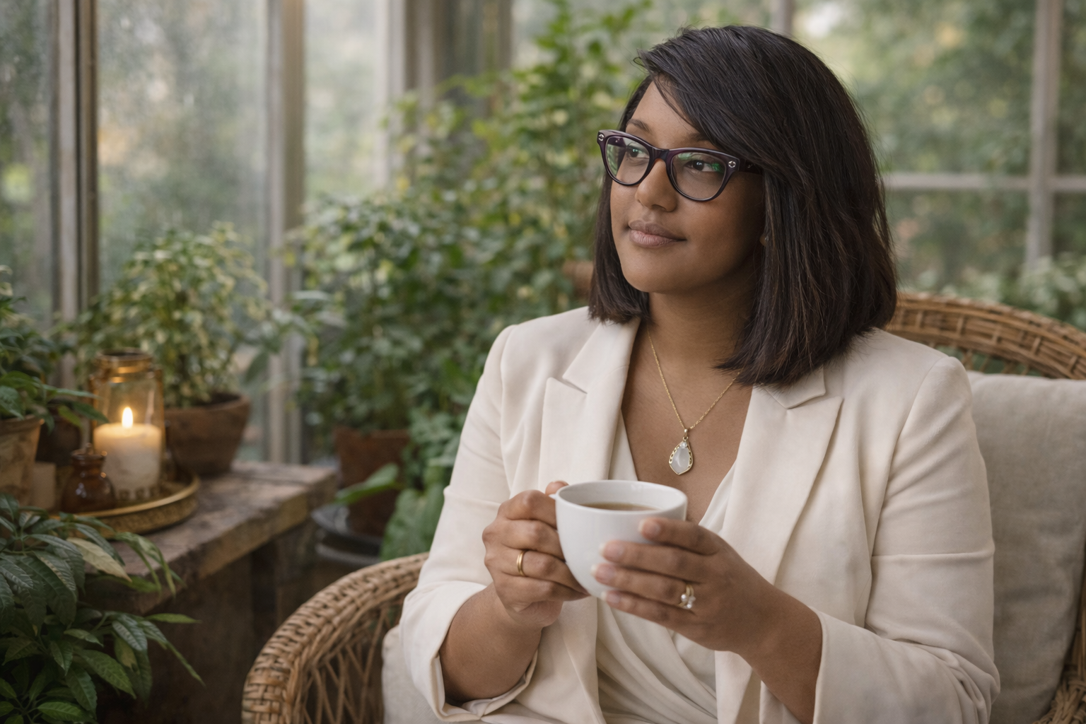 A woman with dark hair, glasses, and wearing a cream blazer holds a white mug of tea or coffee, sitting in a sunlit greenhouse surrounded by green plants and candles.