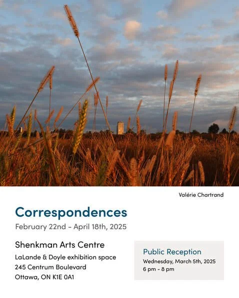Poster for Correspondences, an exhibition with public reception taking place March 5 2025 from 6-8pm at the Shenkman Arts Centre