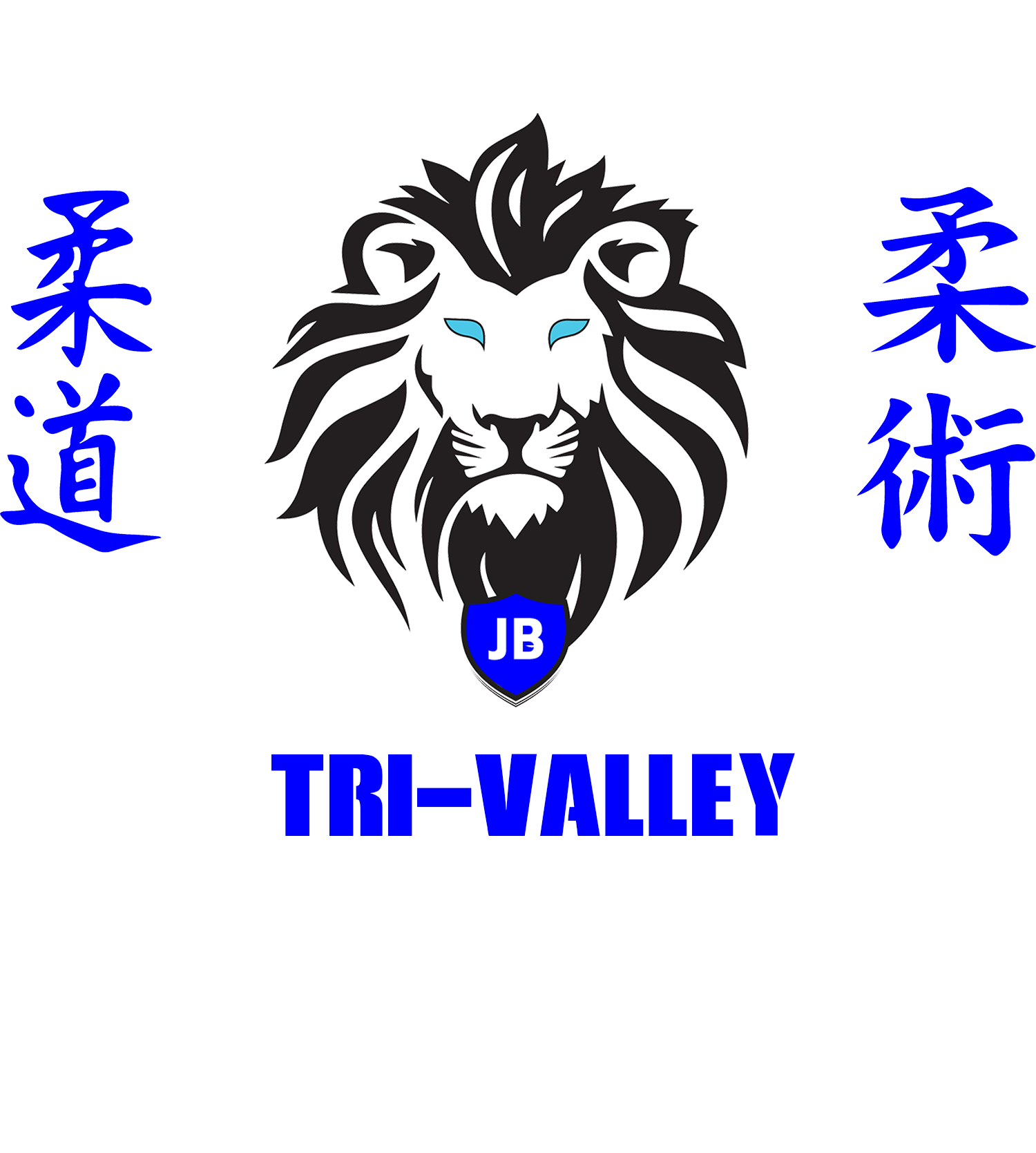 Logo for Tri-Valley Judo & Jiu-Jitsu, featuring a stylized lion head with 'JB' shield, and Japanese kanji characters on each side. Text below promotes health, fitness, and self-defense training.