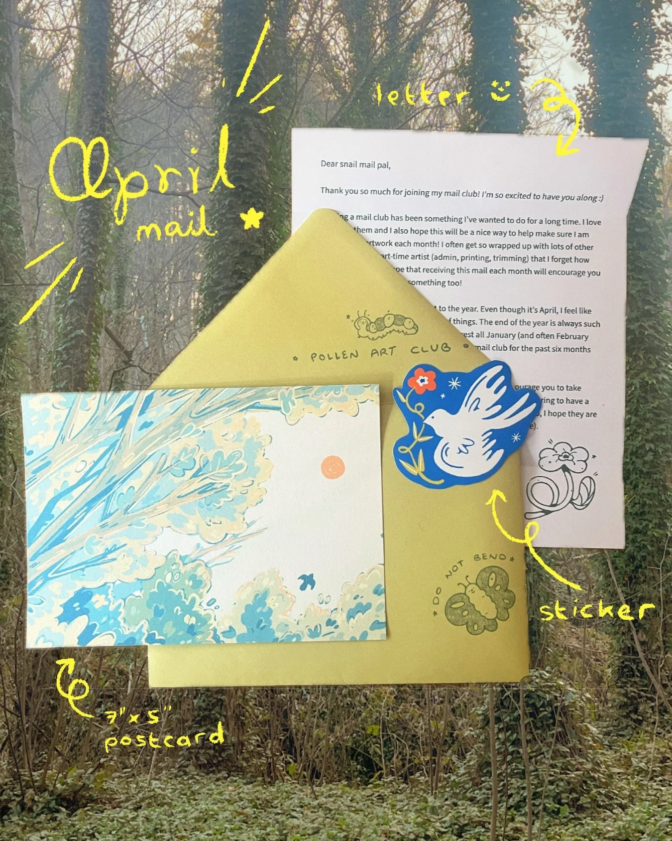 thank you so much for all the love on the mail club so far!! 💚🌲🌼
it really warms my heart to have this support for my work 🥺

here is a peek at what you can get in the april mail :) 

still spaces available - sign up via the link in my bio!