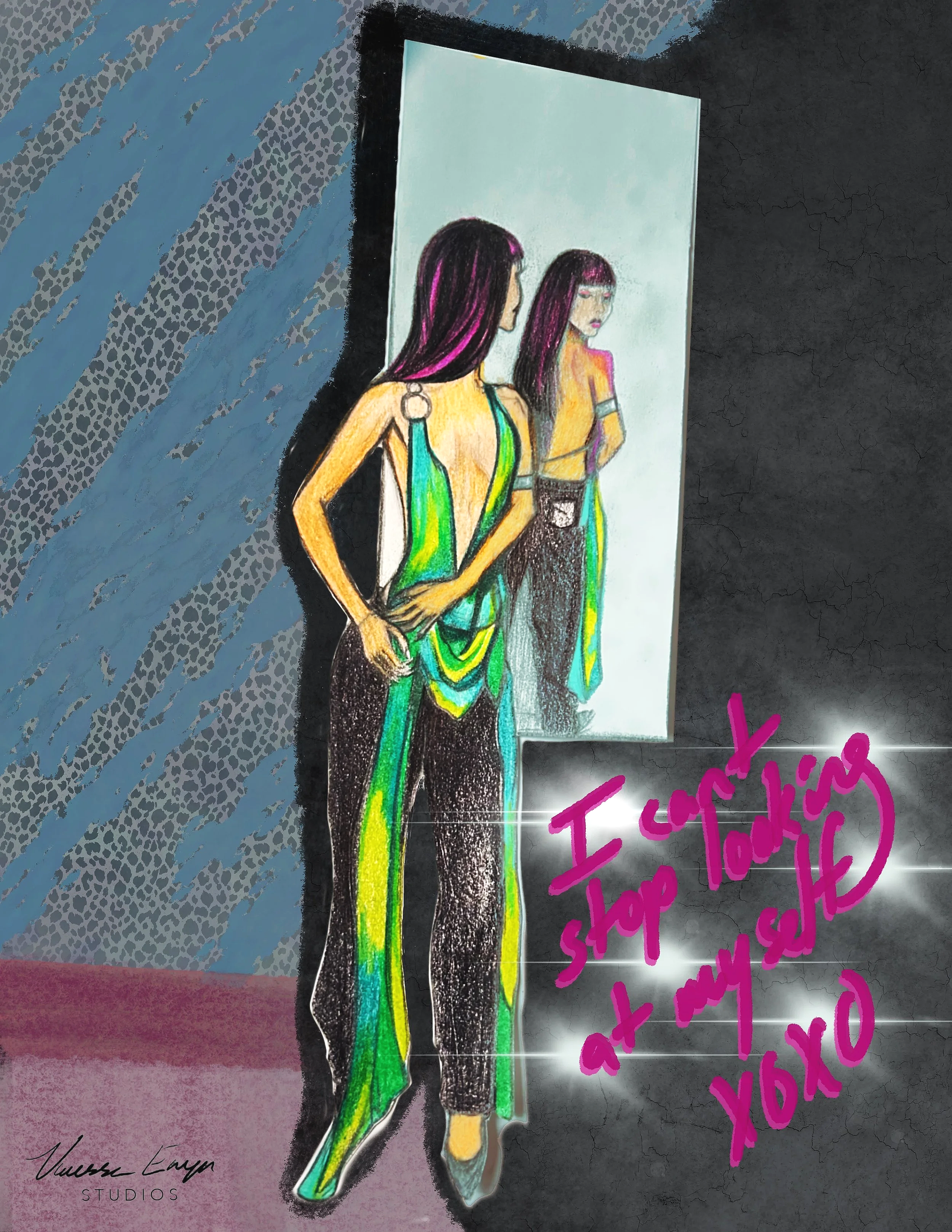 "A lil' self- reflection" Mixed media illustration on paper with digital enhancements developed in Procreate.