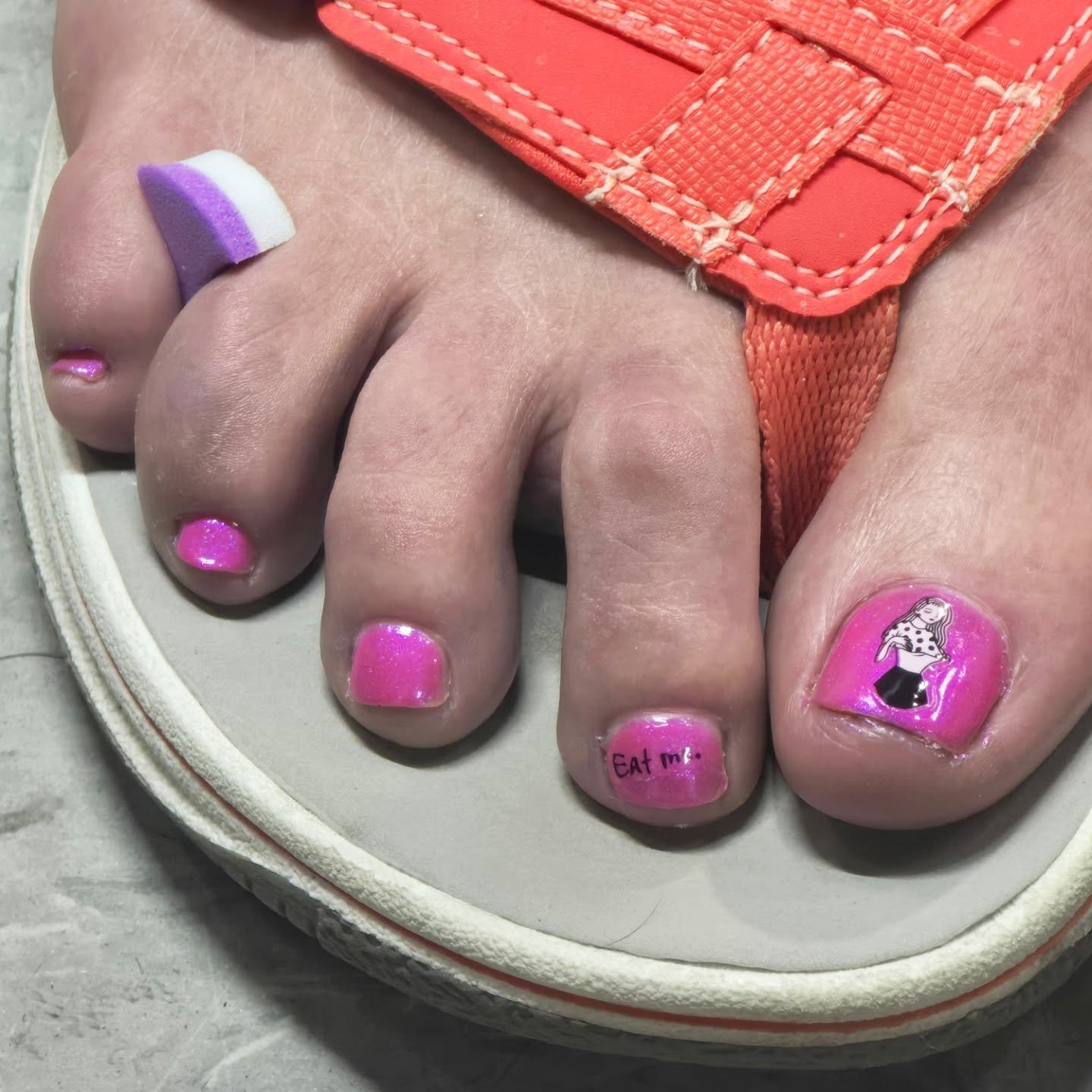 My client received a spa pedicure for $40 and she brought in her own stickers for these adorable nails.