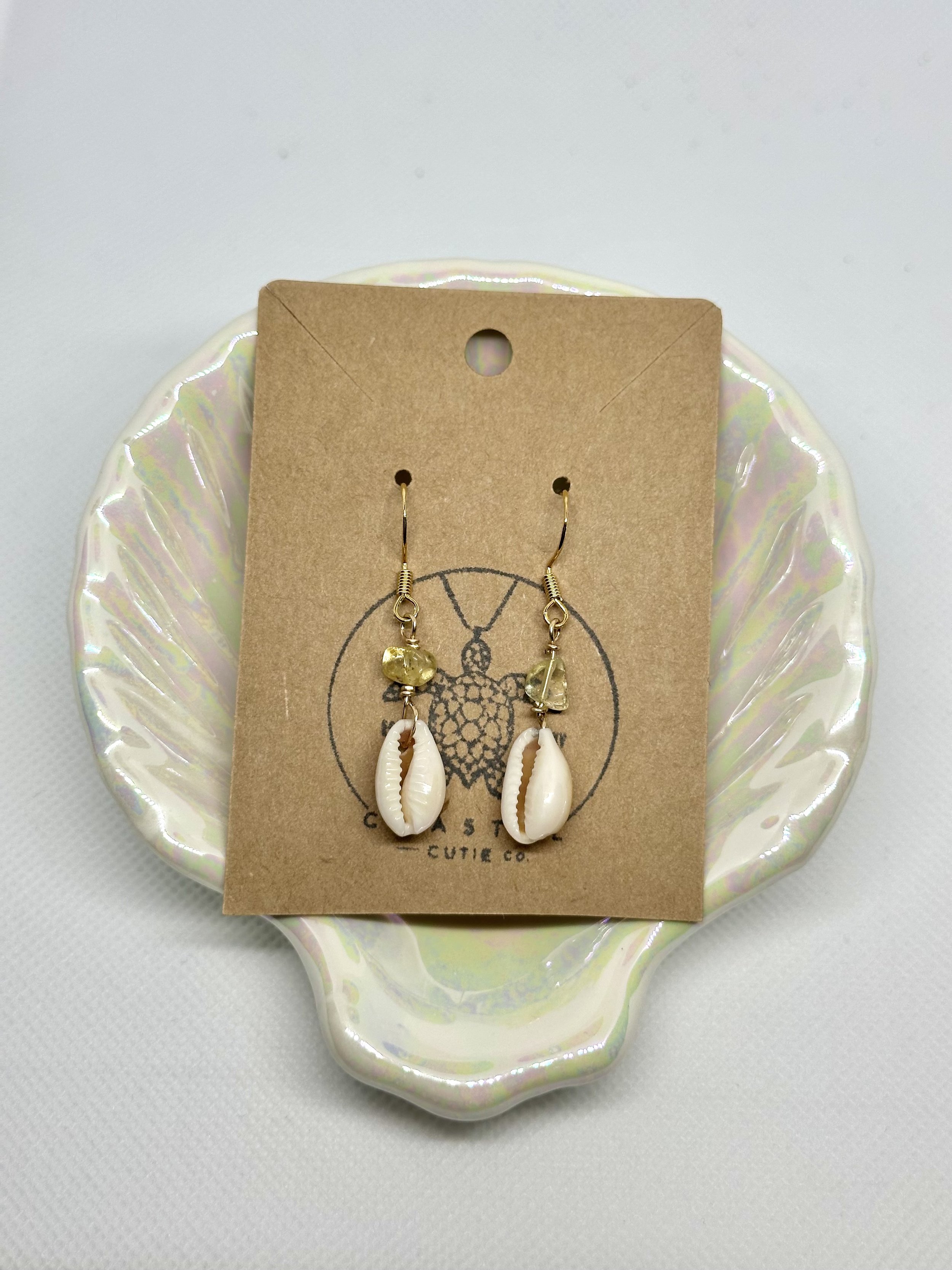 Yellow Beaded Cowrie Earrings