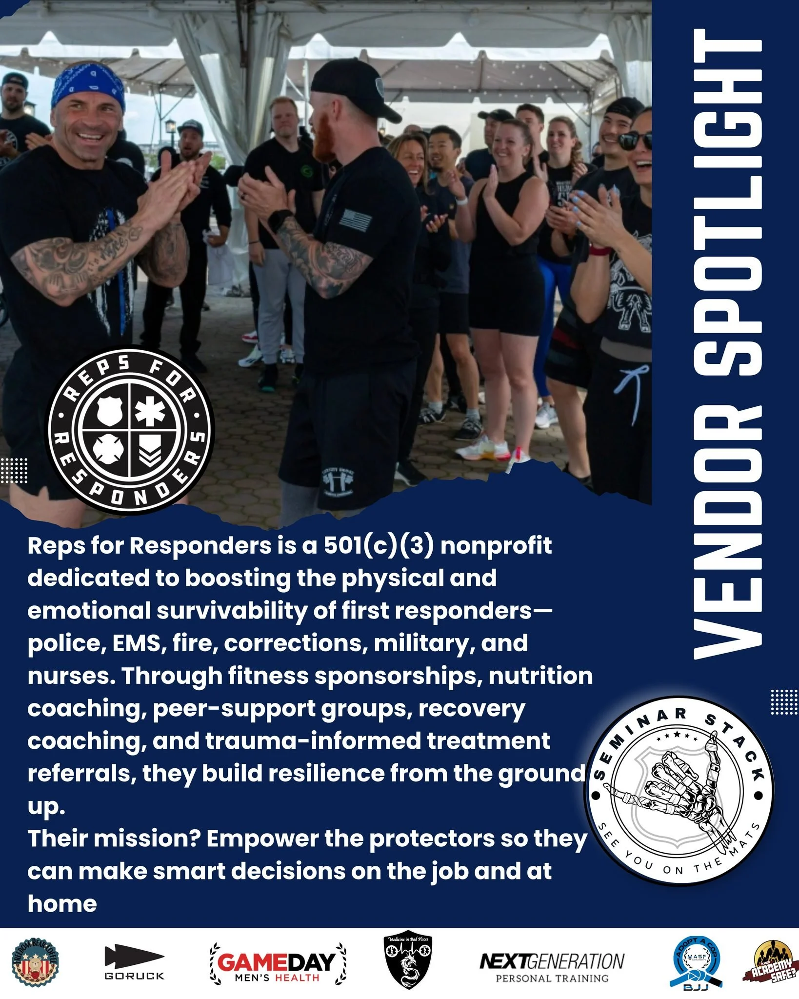 Vendor Spotlight: Reps for Responders

@repsforresponders is a 501(c)(3) nonprofit built for the ones who never quit&mdash;the cops, firefighters, medics, correctional officers, military, and nurses who keep the world turning. They combine fitness sp