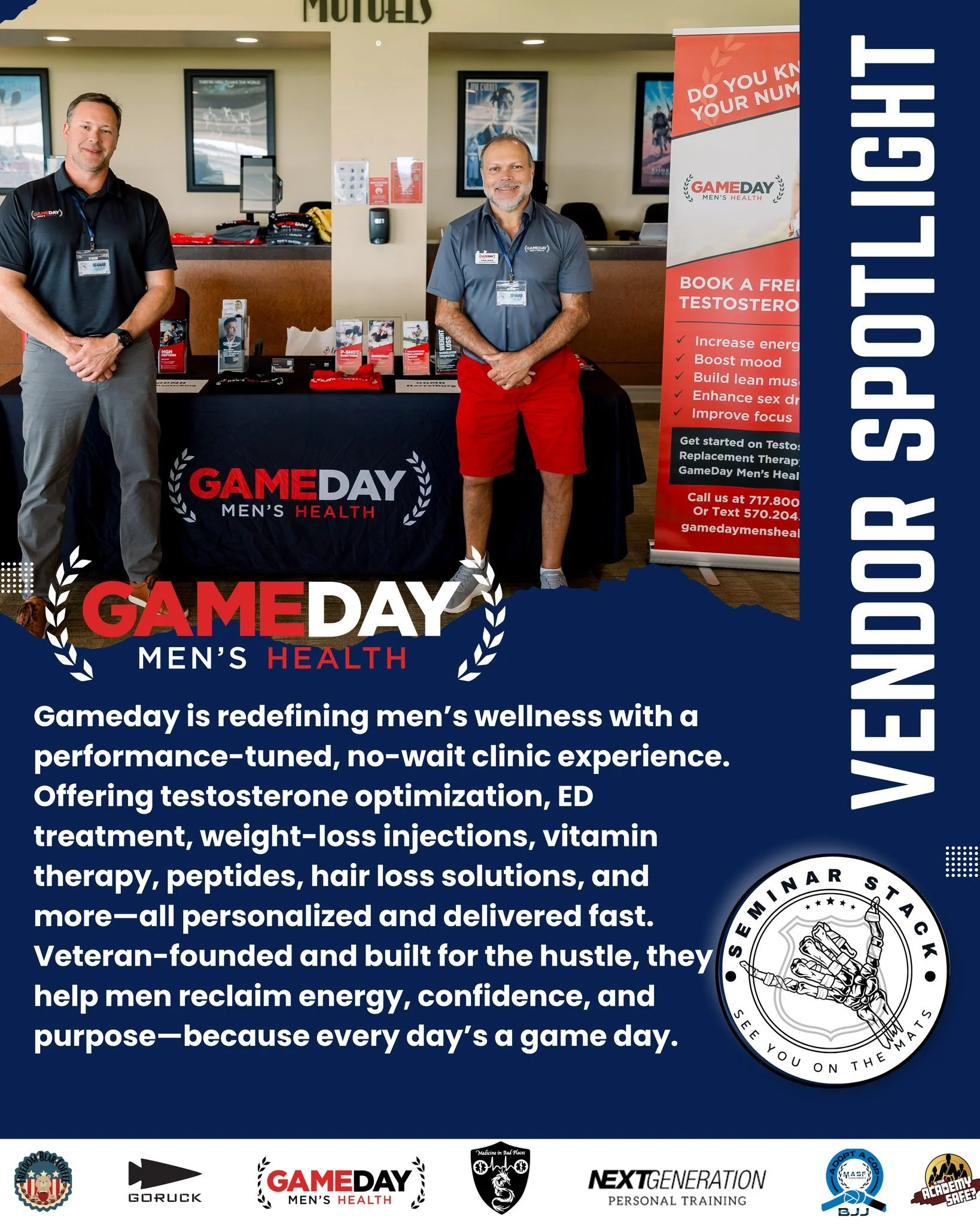 Vendor Spotlight: Gameday Men&rsquo;s Health

@GamedayMensHealth is redefining men&rsquo;s wellness&mdash;fast, focused, and built for results. No waiting rooms, no runaround, just performance-driven care designed to get you back to feeling like you.