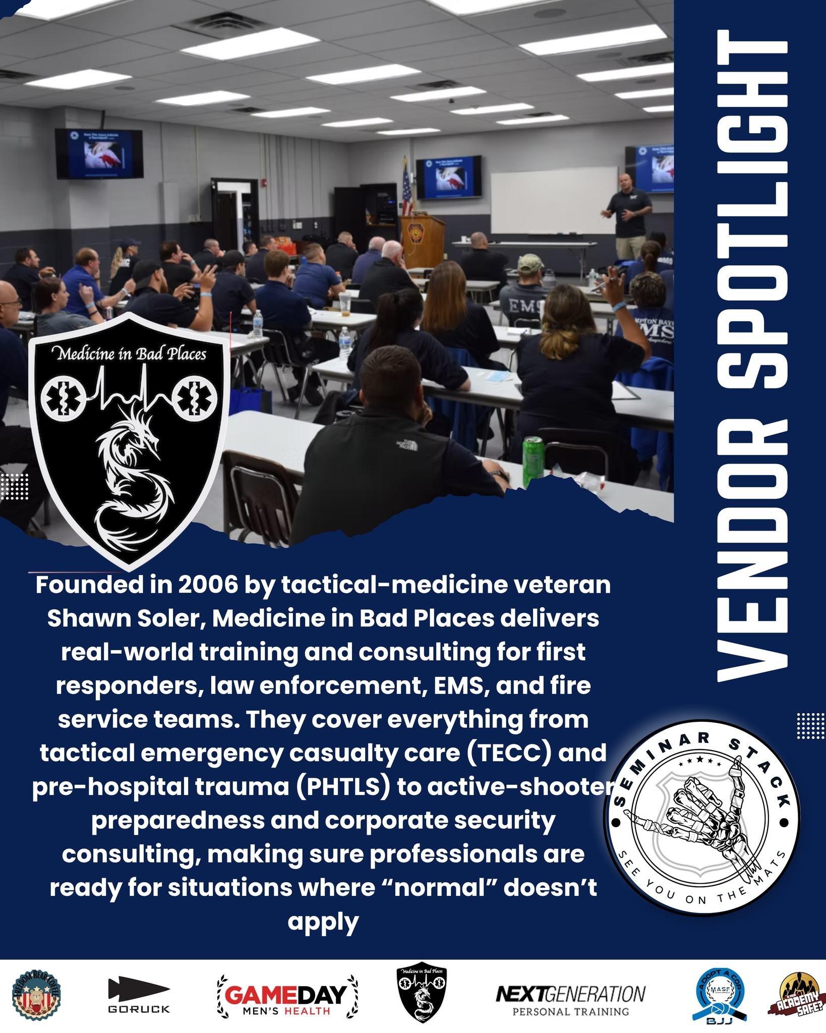Vendor Spotlight: Medicine in Bad Places

When things go sideways, these are the people you want in your corner. Founded in 2006 by tactical-medicine veteran Shawn Soler, @medicineinbadplaces trains first responders, law enforcement, EMS, and fire se