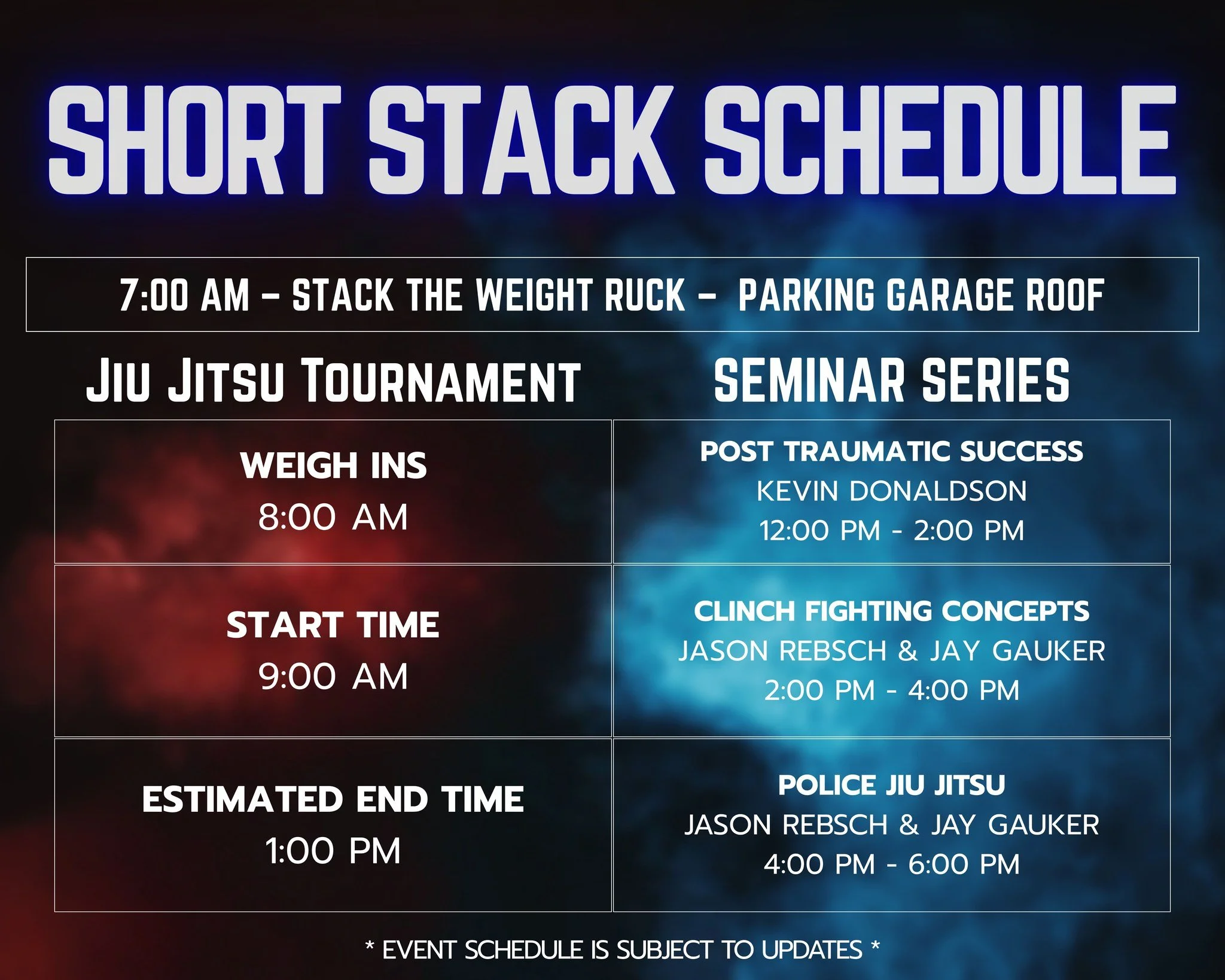 The countdown is over!!
Here&rsquo;s your official Short Stack schedule &mdash; from rooftop rucks to mats, seminars, and madness.
Bring your gear, bring your grit, and we&rsquo;ll take care of the rest.
#ShortStack #SeminarStack #trainfight #Fundrai