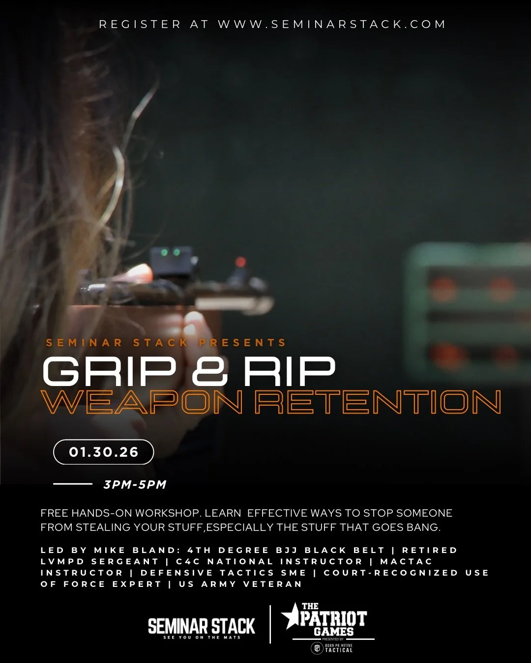 Big News!

@mike.bland.bjj  is leading our Rip &amp; Grip Weapon Retention Workshop! Real-world experience. Real results. 

Learn hands-on techniques to protect yourself and your gear when it matters most.

📍 Patriot Games | 1.30.26 |  3PM - 5PM

👉