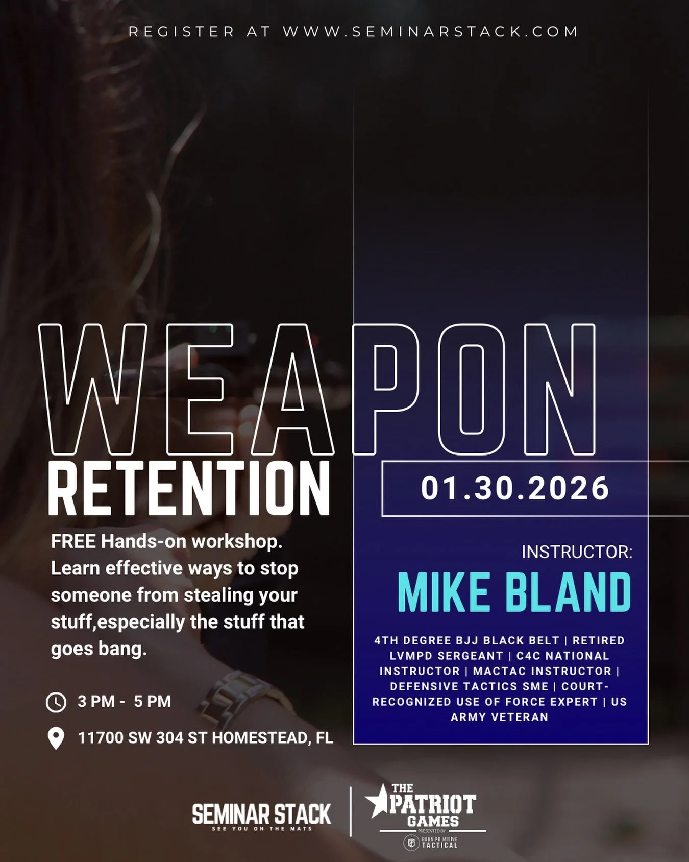 Leveling up skills.
@mike.bland.bjj leading the workshop.
Probably worth showing up.

FREE Weapon Retention Workshop

📍 Homestead Training Center
🗓 Jan 30 | ⏰ 3&ndash;5 PM

Don&rsquo;t miss out.
Link in bio.

SEE YOU ON THE FIELD
#seminarstack #wea