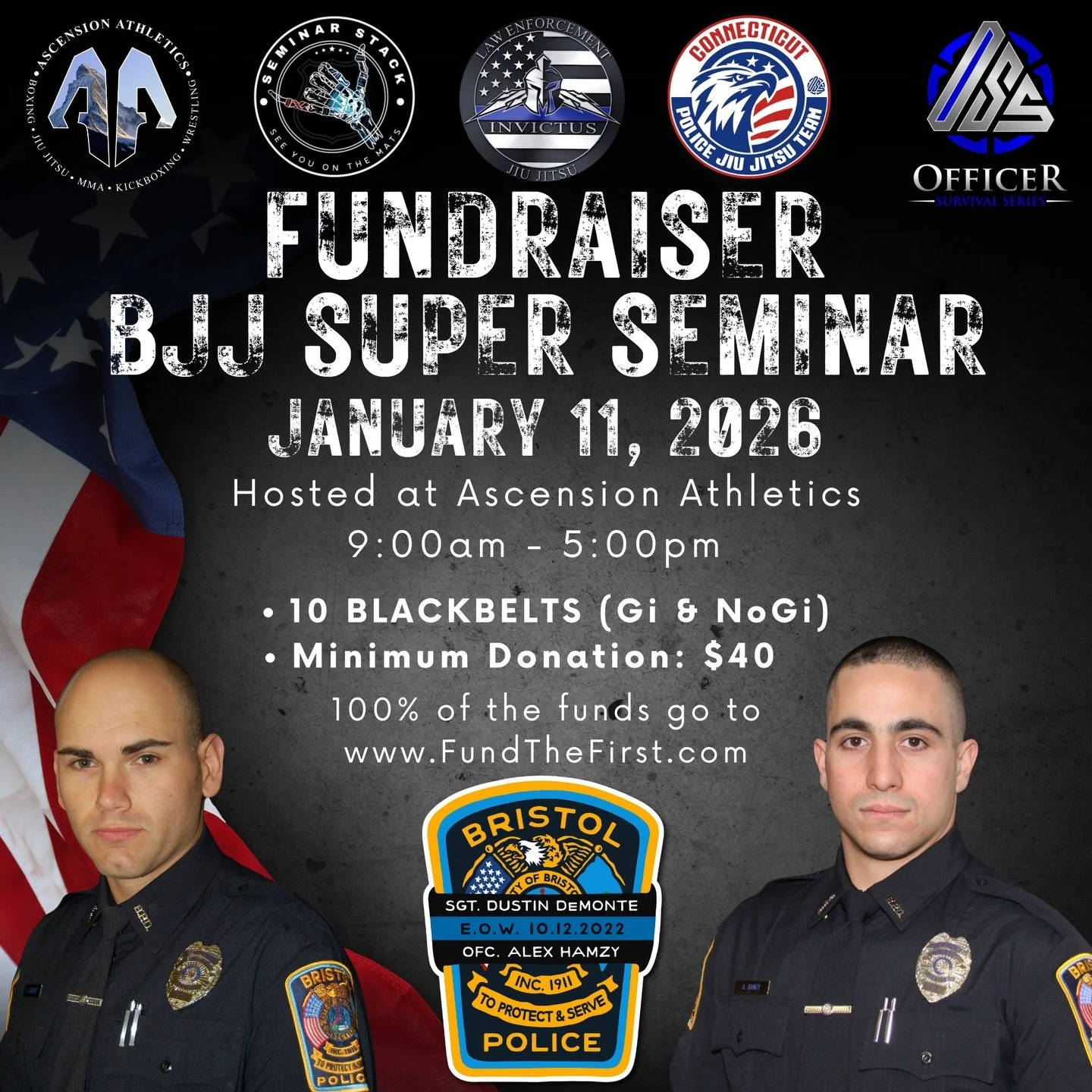 SUNDAY Jan 11 @ascensionathleticsct - Bristol Fallen Heroes Seminar. 

Click the link in our bio to Donate and visit our website to learn more about what this day will entail. 

SEE YOU ON THE MATS!