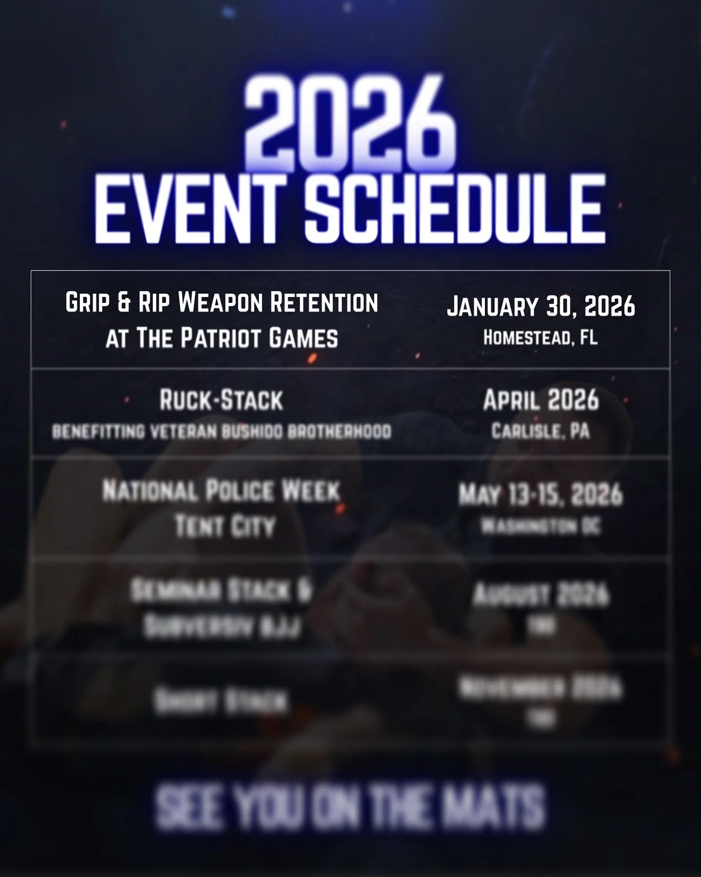 2026 Events kick off tomorrow! Join us for a weapon retention seminar, taught by @mike.bland.bjj in collaboration with @thepatriot_games.

Link in bio to register!
