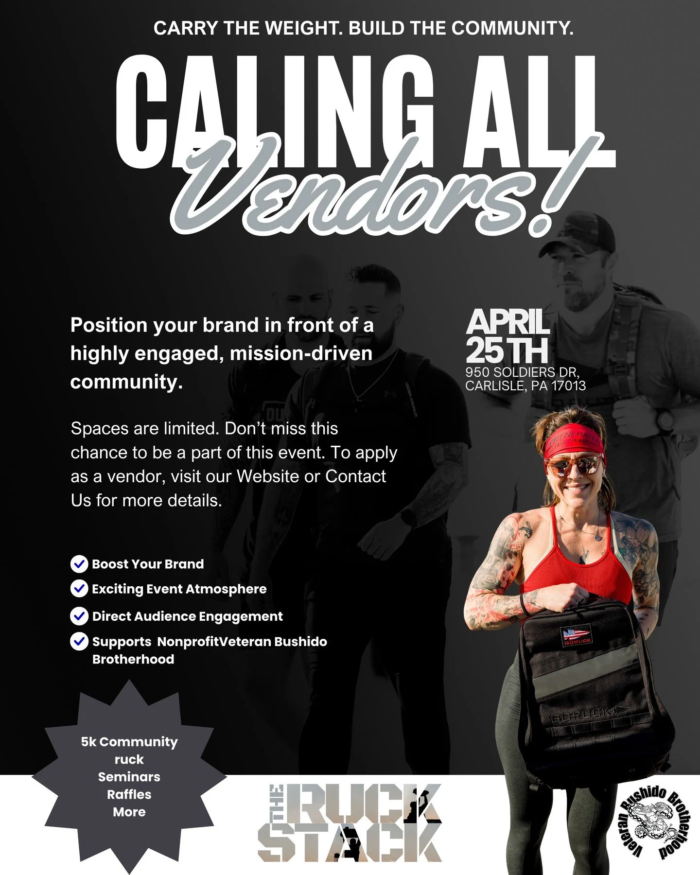 RUCKSTACK // VENDORS WANTED

Get your brand in front of people who show up, put in the work, and carry the weight together.

&ndash; Community-based ruck + sandbag finisher
&ndash; Live seminars
&ndash; Mission-driven crowd
&ndash; Supporting PA base