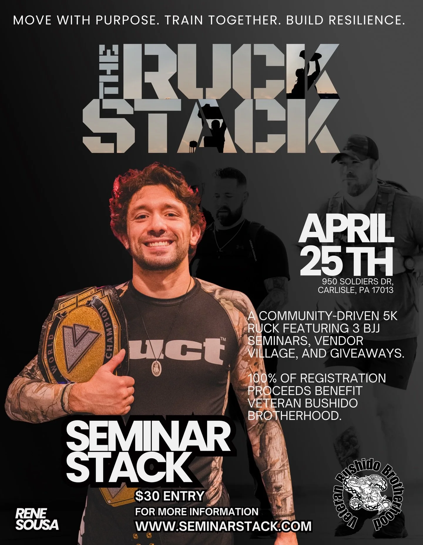 Less than a month out. It&rsquo;s almost time.

RUCKSTACK &bull; April 25th

A full day of work, training, and community. Show up ready to move, learn, and get after it.

&bull; NoGi BJJ seminars (half guard, mount, crucifix)
&bull; Open mat rounds
&