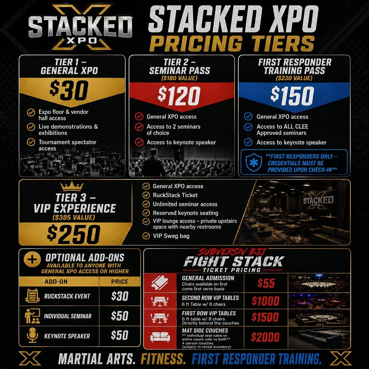 Some people spend weekends relaxing.

We built an expo with tournaments, seminars, fights, rucking, keynote speakers, and enough caffeine to violate several health codes.

STACKED XPO tickets are live!

Choose your tier wisely.
Or irresponsibly. We&r