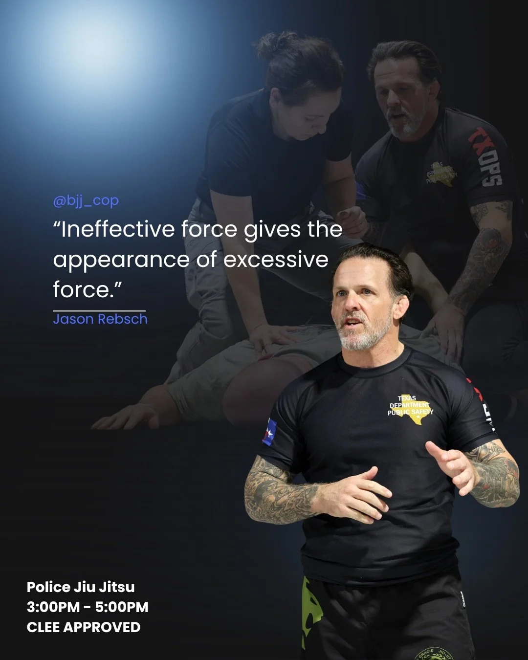 This lineup is STACKED Aug 8th

We&rsquo;re fired up to welcome Jason Rebsch to the lineup for his CLEE-approved course: Police Jiu Jitsu.

2nd Degree BJJ Black Belt.
24+ Year Law Enforcement Veteran.
Level 5 C4C Combatives Instructor.
Co-Founder, In