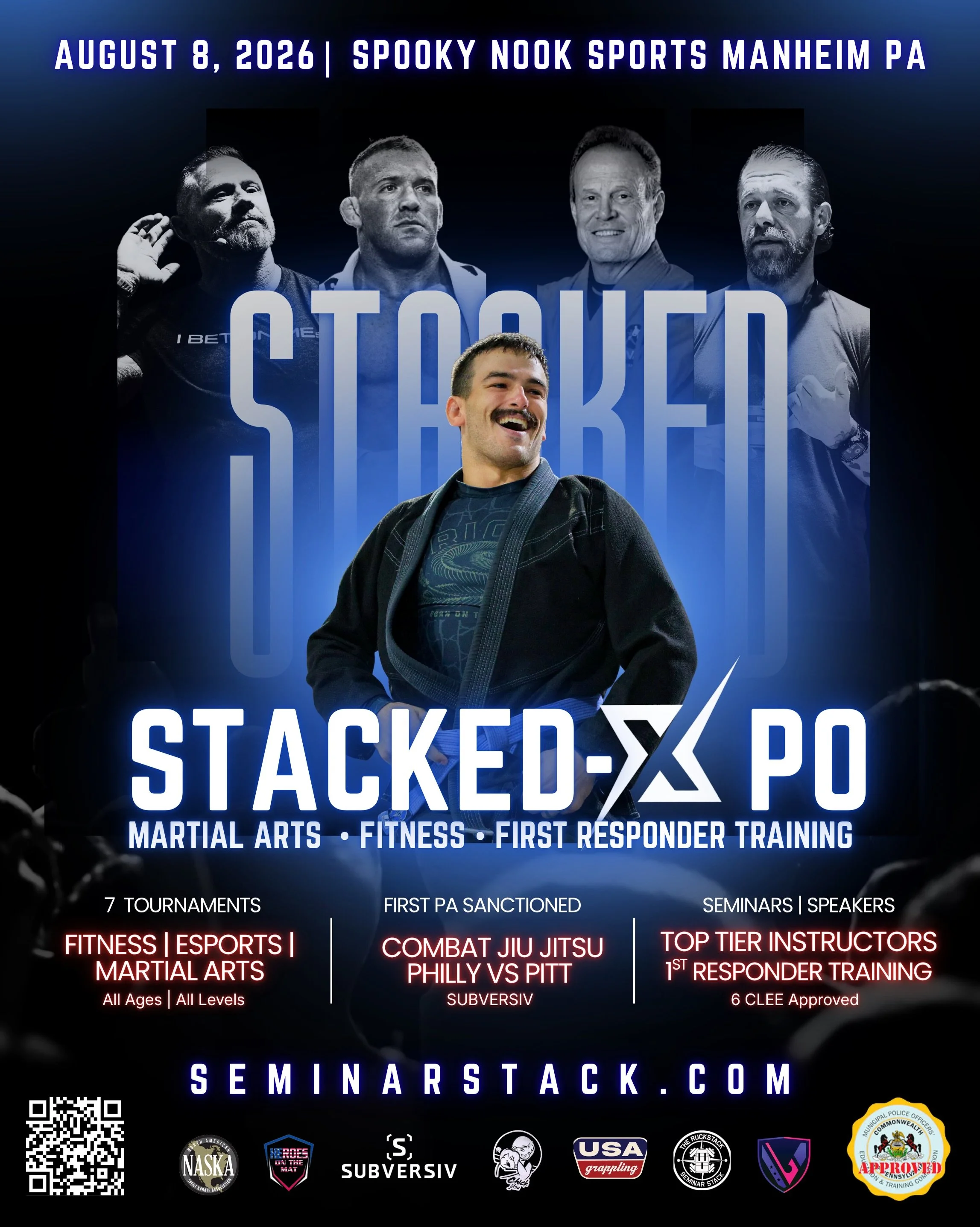 One day. A ridiculous amount going on.

STACKED-XPO brings together martial arts, fitness, first responder training, competition, and fundraising for impactful nonprofits  under one roof.

-The RuckStack
-7 Tournaments
-Martial Arts Seminars
-First R