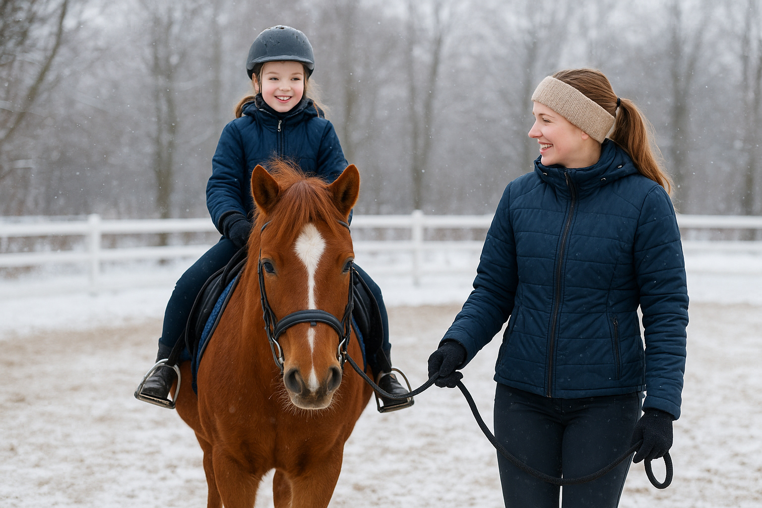 Jente som rir på hest på vinteren